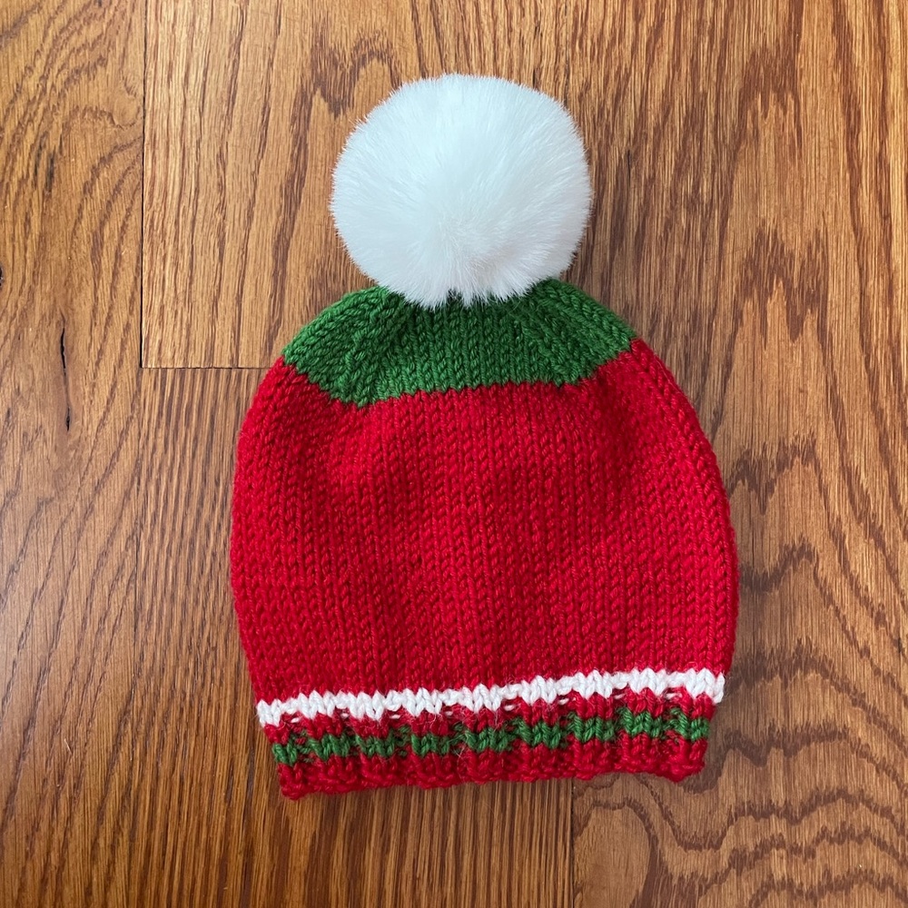 Christmas Handmade Knit Baby Hat with Pom Poms, Red White Green Chunky Beanie